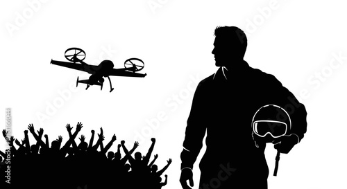 Pilot with Drone and Crowd Silhouette, Futuristic Technology and Spectacle
