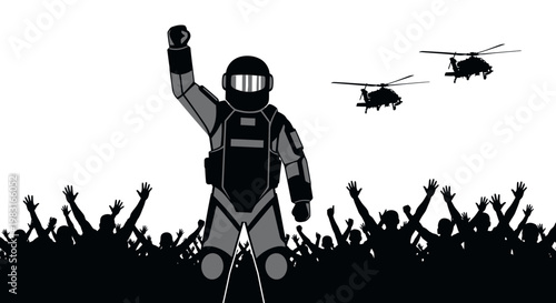 Robot Leader Rallies Crowd with Helicopters Overhead