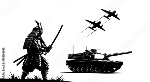 Samurai Warrior Facing Modern Military Tank and Fighter Jets