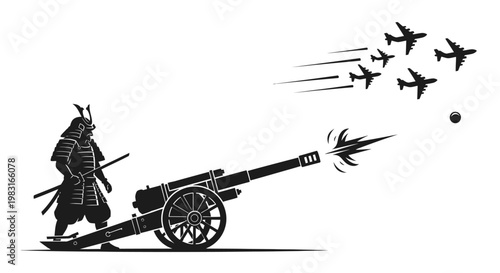 Samurai Warrior Fires Cannon at Modern Fighter Jets