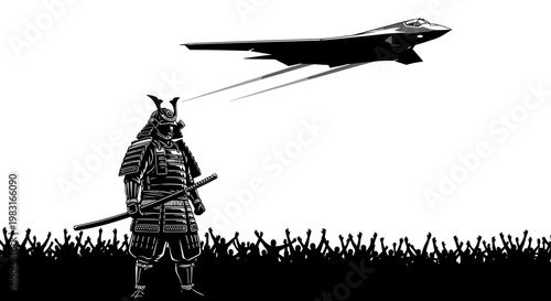 Samurai Warrior Facing Stealth Jet, Crowd Cheering, Futuristic Battle Concept