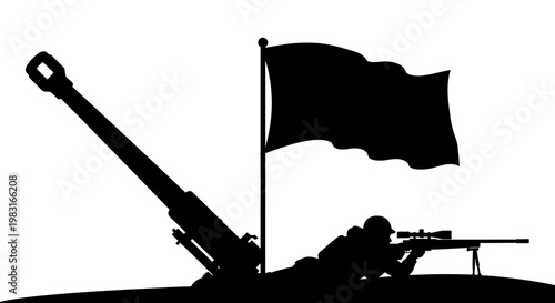 Silhouette of Sniper Aiming Rifle Beside Artillery Gun and Waving Flag