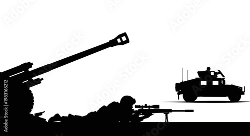 Silhouette of Sniper Aiming Rifle Near Artillery Gun and Military Vehicle