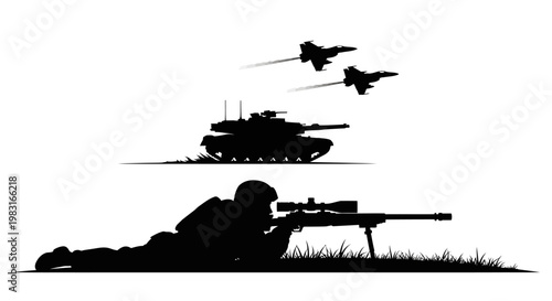 Silhouette of Sniper, Tank, and Fighter Jets in Combat Scene