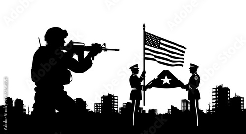 Silhouette of Soldier Aiming Rifle, Flag Raising Ceremony in Ruined City