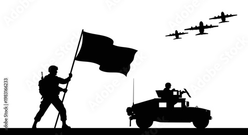 Silhouette of Soldier Holding Flag with Military Vehicle and Airplanes Flying
