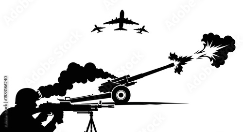 Silhouette of soldier firing machine gun, artillery firing, and military aircraft flying