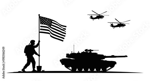 Silhouette of Soldier Raising American Flag with Tank and Helicopters