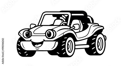 Smiling cartoon dune buggy vehicle.