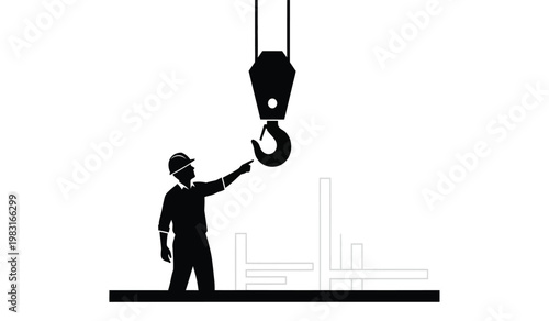 A construction worker gestures towards a suspended industrial crane hook against a stark white background presented as a silhouette high quality professional detailed modern