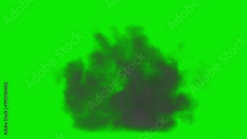 Drone view of Gas explosion with shockwave rising upwards from the ground with fast smoke dissipation on a perfect green background