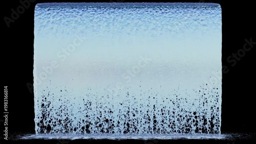 Front view of Flowing Water with a Large Flow from a large surface source to the ground on a black background