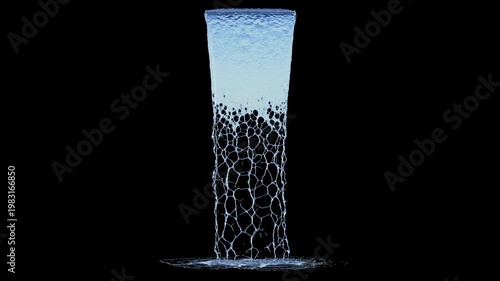 Front view of Flowing Water with a Medium Flow from a short surface source to the ground on a black background
