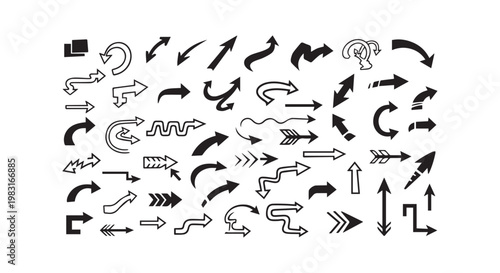 Large variety of unique hand drawn arrow shapes and directional symbols.
