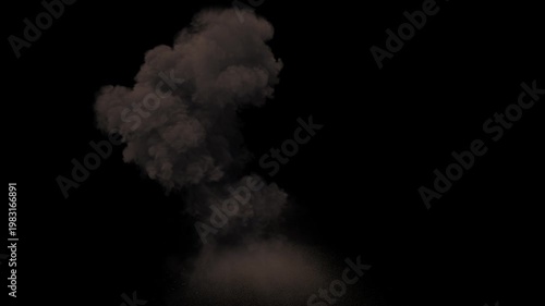 Front view of Missile Strike with side debris and dust from the ground with smoke dissipation on a black background