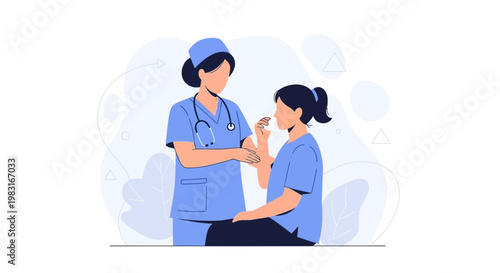 Nurse administering injection to patient, medical care concept, flat illustration