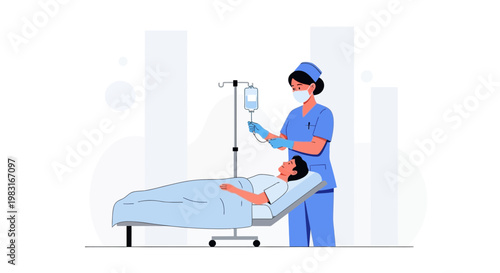 Nurse Administering IV Drip to Patient in Hospital Bed - Medical Care Illustration