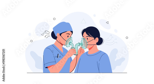 Nurse Administering Oxygen Therapy to Patient with Mask, Medical Care
