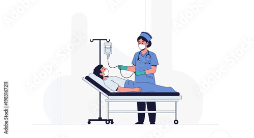 Nurse administers IV drip to patient in hospital bed, medical care concept