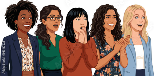 Create a realistic kinds of deferent Woman in her 30s_impressed vector art with white background..