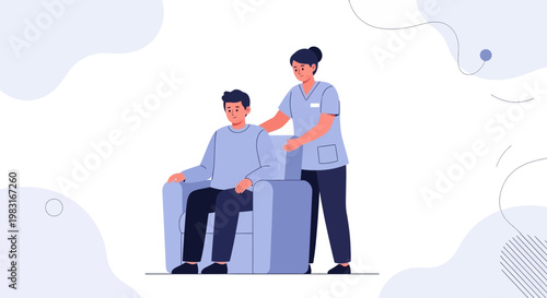 Nurse assisting elderly man in armchair, home care, medical support, patient comfort