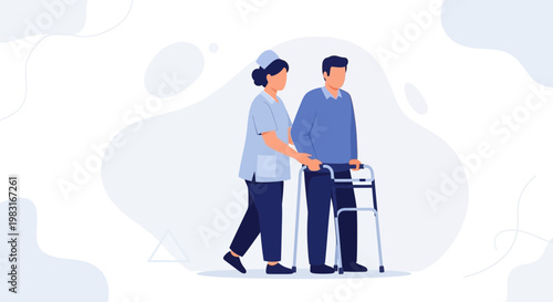 Nurse assisting elderly man walking with walker, home care, medical support