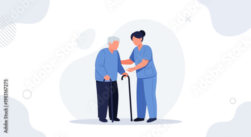 Nurse assisting elderly man with cane, healthcare support, medical care concept