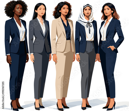 Create a realistic kinds of deferent Woman in suit② vector art with white background.