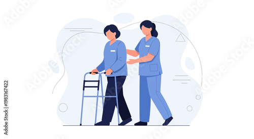 Nurse assisting elderly patient with walker, rehabilitation and care concept