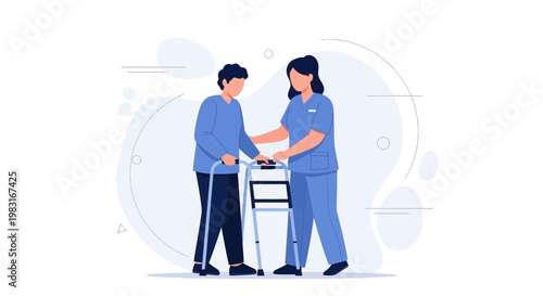 Nurse assisting elderly patient with walker, rehabilitation and care concept