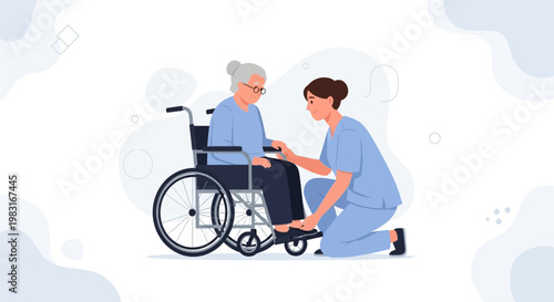 Nurse assisting elderly woman in wheelchair, healthcare, home care, support, compassion