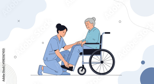 Nurse assisting elderly woman in wheelchair, caregiving, medical help, home healthcare concept