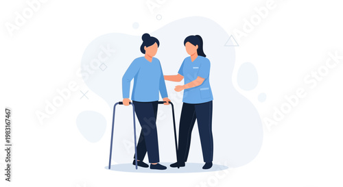 Nurse Assisting Elderly Woman with Walker for Physical Therapy and Rehabilitation