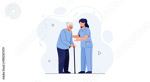 Nurse assisting elderly woman with cane, healthcare, home care, support, medical assistance