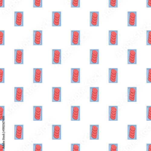 Packaged salami slices forming a repeating pattern, representing meat products and deli food