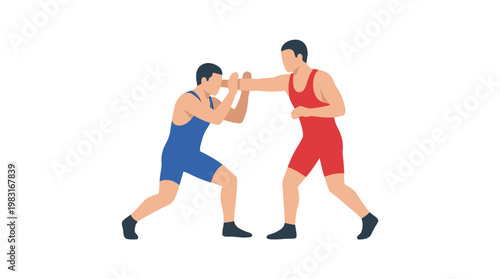 Two Wrestlers in Red and Blue Singlets Engaged in Combat on a White Background