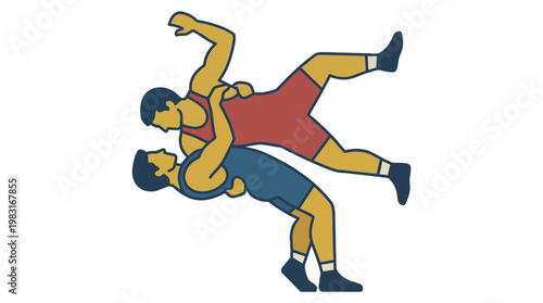 Vibrant illustration of two male wrestlers engaged in dynamic grappling action, showcasing a powerful athletic attack and competitive motion