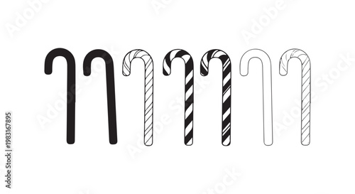 Collection of candy canes in black, white, and striped patterns, festive holiday treat design, traditional Christmas confectionery illustration.