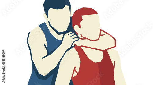 Intense illustration of two athletes locked in a grappling hold during a competitive wrestling match, depicting a powerful moment of sport and determination in flat vector style