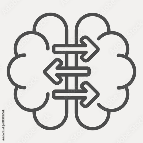 Brain and three reciprocal arrows line icon, knowledge concept. Vector graphics. Human brain sign with outline style icon for mobile or web design.