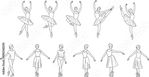 Ballet dancer poses line art set, vector illustration of graceful ballerinas in various positions isolated on clean background for dance design