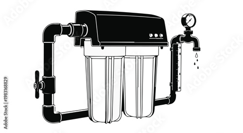 Water filtration system, home water purifier, clean water filter, modern plumbing, household appliance, purification system, water treatment, filter housing, pipes, faucet, clean technology