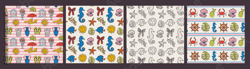 Whimsical hand drawn summer seamless pattern in trendy hand drawn style. Perfect background for quirky italian wedding holiday, poster cards, dinner and bar menu, fabric, wrapping paper