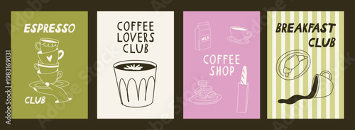Coffee poster set with hand drawn cups and cafe elements in doodle style. Includes drinks, pastries and decorative icons. Perfect for cafe wall art, menus, restaurant decor and branding.