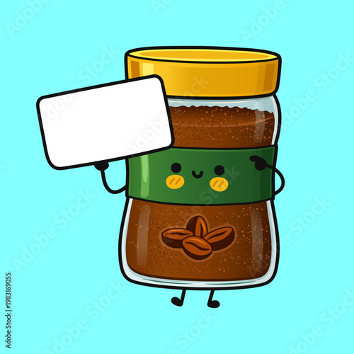 Cute instant coffee jar mascot holding blank sign