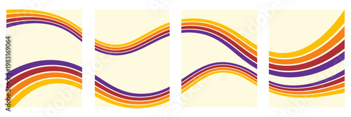 Abstract colorful 70s background vector. Vintage retro wallpaper with rainbow stripes and wavy lines. A 1970 color illustration suitable for posters, banners, decorative items and wall art.