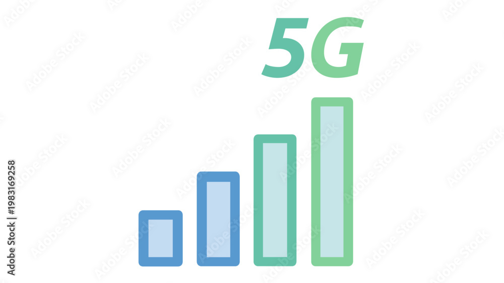 Obraz premium 5G mobile network signal strength vector icon illustration featuring a gradient bar chart from blue to green, representing high-speed internet connectivity and wireless technology for communication.
