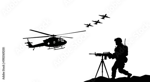 Silhouette of Soldier with Machine Gun and Military Helicopter with Fighter Jets Flying