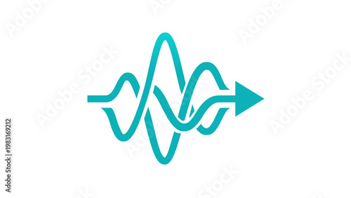 Cyan vector icon illustration of a cellular data signal wave with an arrow, representing wireless communication, frequency modulation, digital transmission, and high-speed network connectivity.