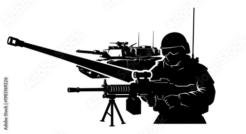 Silhouette of soldier with machine gun and tank, military theme, warfare concept